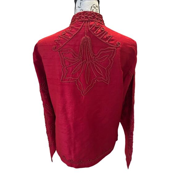 Vintage Norm Thompson Ruby Red Silk Embroidered Holiday Festive Jacket Size M - Picture 3 of 9